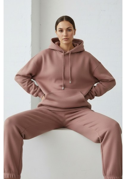 Kadın Pendepe Üç Ip Şardonlu Kapşonlu Kanguru Cep Sweatshirt Somon modelleri