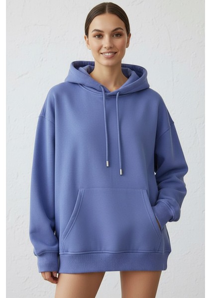 Kadın Pendepe Üç Ip Şardonlu Kapşonlu Kanguru Cep Sweatshirt Lila