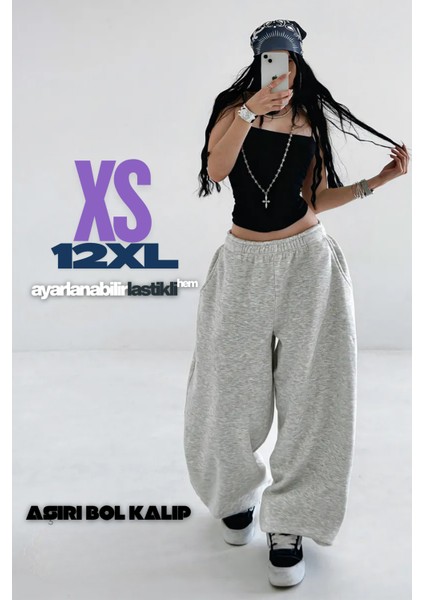 Büyük Beden Battal Boy Siyah Gri Ekstra Bol Kalıp Tesettür Oversize Baggy Harajuku Eşofman Altı