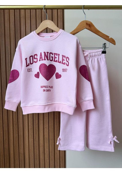 Kız Çocuk Pamuklu Pembe Oversize Kalpli Sweatshirt ve Bol Paça Eşofman Takım fiyatları