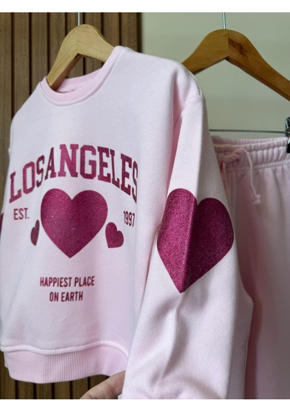 Kız Çocuk Pamuklu Pembe Oversize Kalpli Sweatshirt ve Bol Paça Eşofman Takım modelleri
