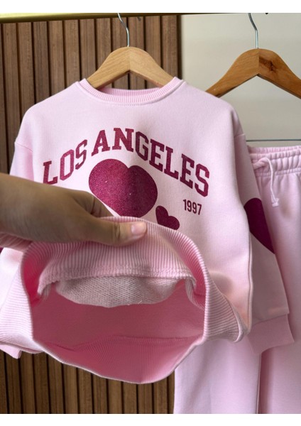 Kız Çocuk Pamuklu Pembe Oversize Kalpli Sweatshirt ve Bol Paça Eşofman Takım fırsatları