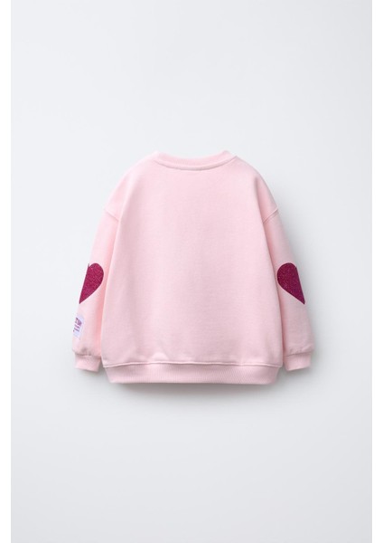 Kız Çocuk Pamuklu Pembe Oversize Kalpli Sweatshirt ve Bol Paça Eşofman Takım