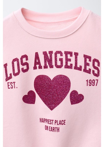 Kız Çocuk Pamuklu Pembe Oversize Kalpli Sweatshirt ve Bol Paça Eşofman Takım