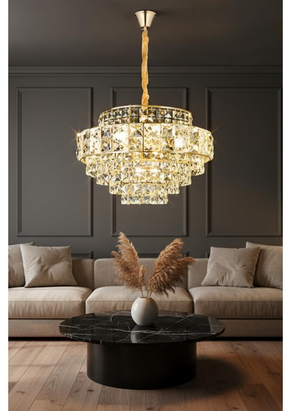 Capella Gold Kristal Yuvarlak Avize 50 cm – Lüks Salon Aydınlatması