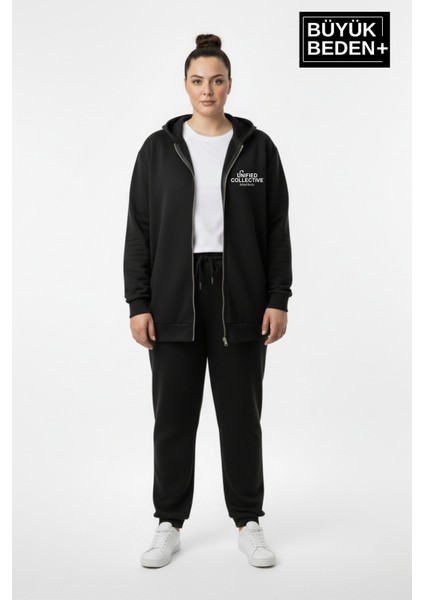Kadın Büyük Beden Fermuarlı Kapüşonlu Unified Baskılı Sweatshirt Hırka SPR26BHRK924