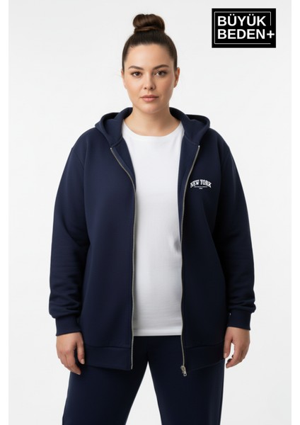 Kadın Büyük Beden Fermuarlı Kapüşonlu New York Baskılı Sweatshirt Hırka SPR26BHR923