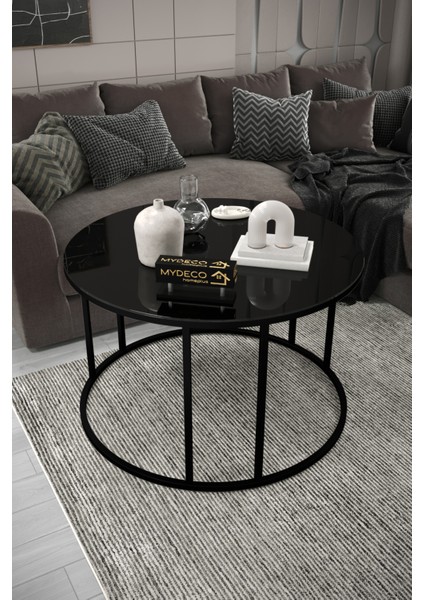 Çift Bacak C Orta Sehpa Siyah Ayak Siyah Ayna