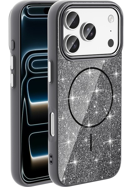 Apple iPhone 17 Pro Kılıf M-Safe Şarj Özellikli Parlayan Simli Okso Kapak