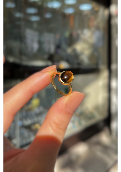 Gümüş 10X8 mm Kaplan Gözü Taşlı Altın Kaplama Yüzük