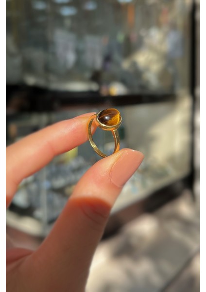 Gümüş 10X8 mm Kaplan Gözü Taşlı Altın Kaplama Yüzük fiyatları