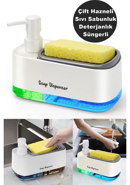 Çift Hazneli Beyaz Sıvı Sabunluk ve Otomatik Süngerli El ve Bulaşık Sabunu Seti Mutfak Banyo