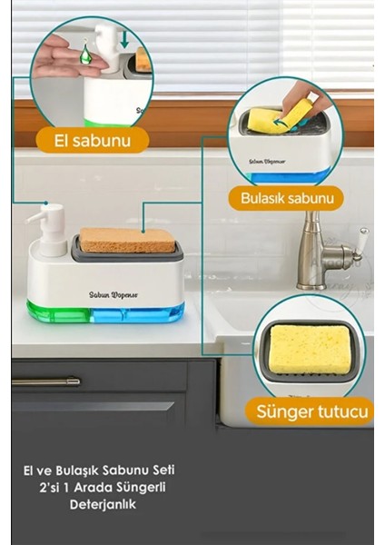 Çift Hazneli Beyaz Sıvı Sabunluk ve Otomatik Süngerli El ve Bulaşık Sabunu Seti Mutfak Banyo fiyatları