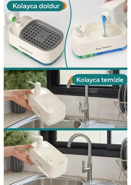 Çift Hazneli Beyaz Sıvı Sabunluk ve Otomatik Süngerli El ve Bulaşık Sabunu Seti Mutfak Banyo modelleri