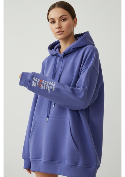 Kadın Jennifer Kapşonlu Kol Yazılı Üç Ip Şardonlu Sweatshirt Mor
