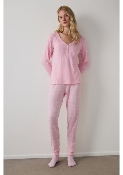 Gül Kurusu Cozy Time Ekoseli Uzun Kollu Pijama Takımı