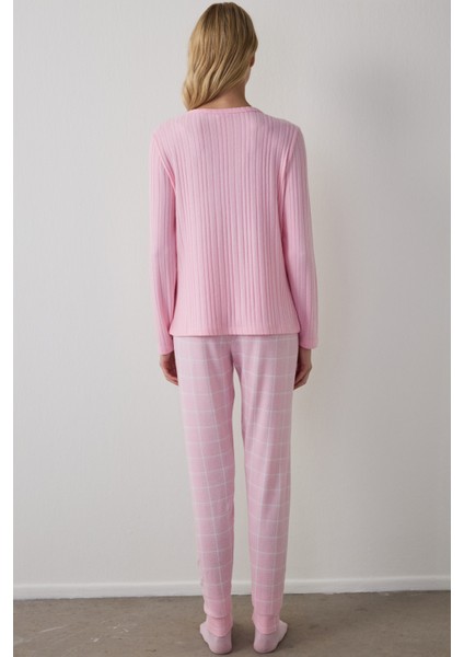 Gül Kurusu Cozy Time Ekoseli Uzun Kollu Pijama Takımı fırsatları