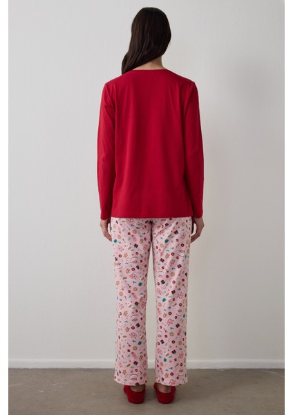 Kırmızı Joyous Time Yılbaşı Temalı Bisiklet Yaka Pamuklu Uzun Kollu Pijama Takımı fırsatları