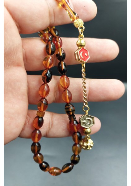 Sarı Siyah Arpa Kesim Ateş Kehribar Tespih (Ahşap Kutulu)