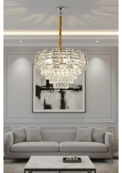 Billur Krom 50 cm Kristal Taşlı Modern Avize – Salon ve Oturma Odası