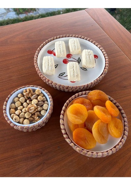 Kiraz Desenli Hasır Görünümlü Sunum Seti – Kırmızı Renk – 3 Parça El Yapımı Sofra Takımı fiyatları