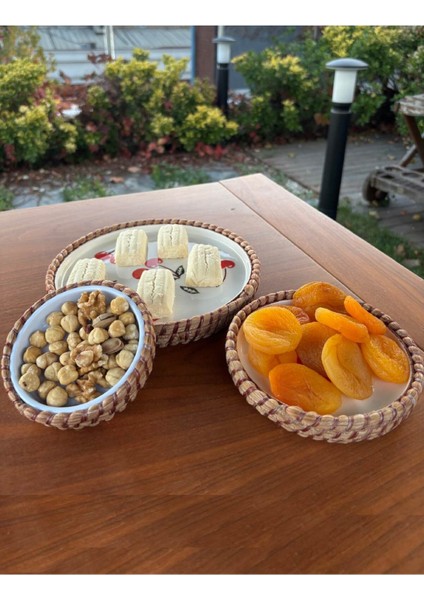 Kiraz Desenli Hasır Görünümlü Sunum Seti – Kırmızı Renk – 3 Parça El Yapımı Sofra Takımı