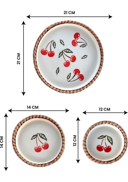 Kiraz Desenli Hasır Görünümlü Sunum Seti – Kırmızı Renk – 3 Parça El Yapımı Sofra Takımı
