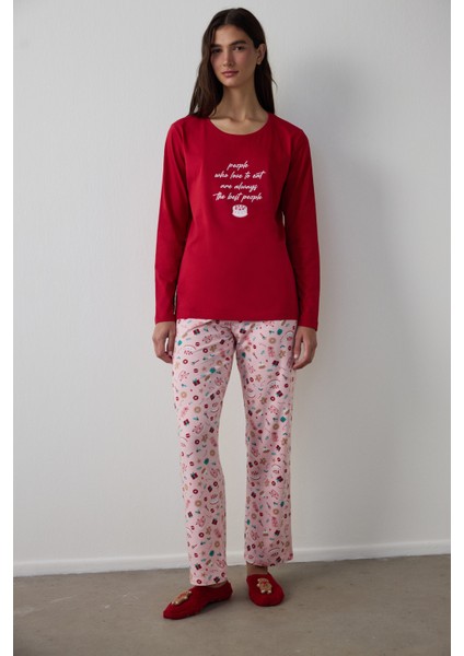 Kırmızı Joyous Time Yılbaşı Temalı Bisiklet Yaka Pamuklu Uzun Kollu Pijama Takımı