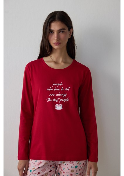 Kırmızı Joyous Time Yılbaşı Temalı Bisiklet Yaka Pamuklu Uzun Kollu Pijama Takımı fiyatları