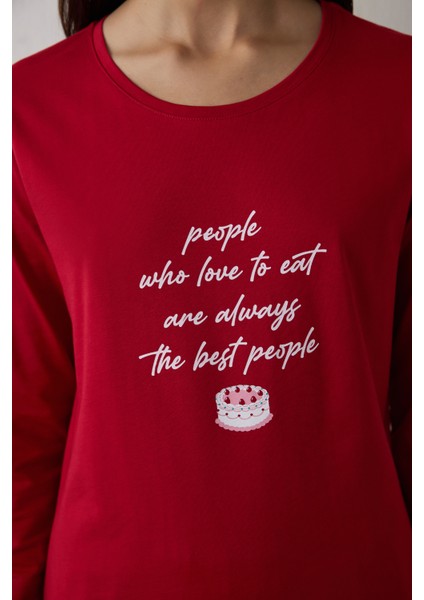 Kırmızı Joyous Time Yılbaşı Temalı Bisiklet Yaka Pamuklu Uzun Kollu Pijama Takımı modelleri