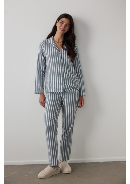 Koyu Yeşil Lazy Morning Çizgili Pamuklu Gömlek Yaka Pijama Takımı