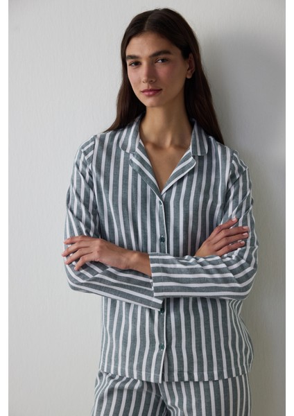 Koyu Yeşil Lazy Morning Çizgili Pamuklu Gömlek Yaka Pijama Takımı fiyatları