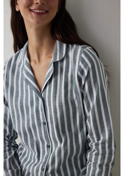 Koyu Yeşil Lazy Morning Çizgili Pamuklu Gömlek Yaka Pijama Takımı modelleri