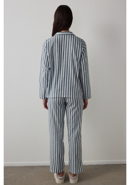 Koyu Yeşil Lazy Morning Çizgili Pamuklu Gömlek Yaka Pijama Takımı fırsatları