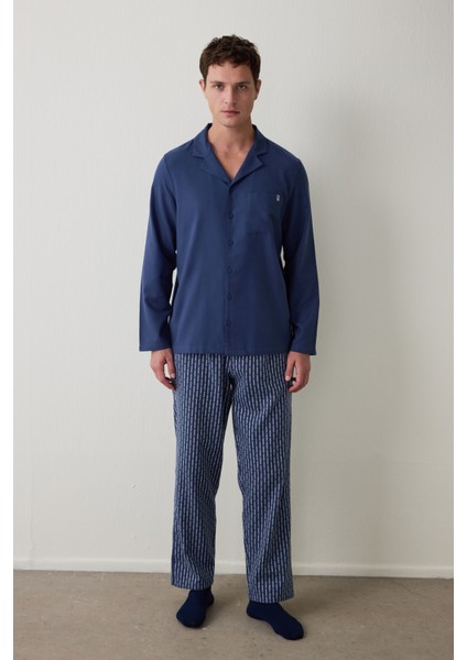 Indigo Melanj Erkek Düğmeli Gömlek Pantolon Pijama Takımı fiyatları