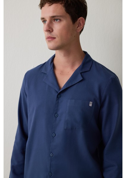 Indigo Melanj Erkek Düğmeli Gömlek Pantolon Pijama Takımı modelleri