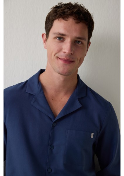 Indigo Melanj Erkek Düğmeli Gömlek Pantolon Pijama Takımı fırsatları