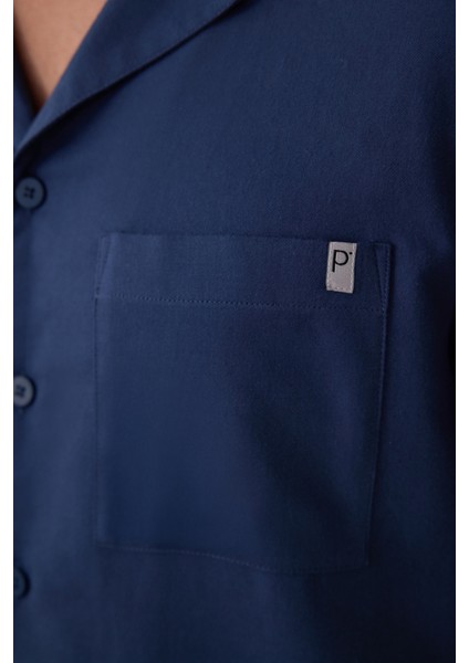 Indigo Melanj Erkek Düğmeli Gömlek Pantolon Pijama Takımı indirimleri