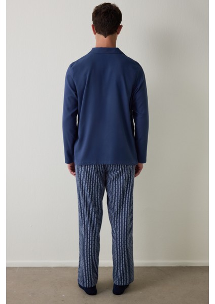 Indigo Melanj Erkek Düğmeli Gömlek Pantolon Pijama Takımı