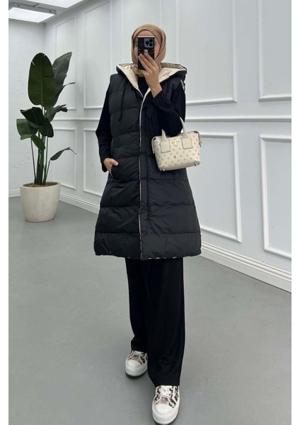 Kapüşonlu Çift Taraflı Uzun Şişme Yelek- Siyah Bej