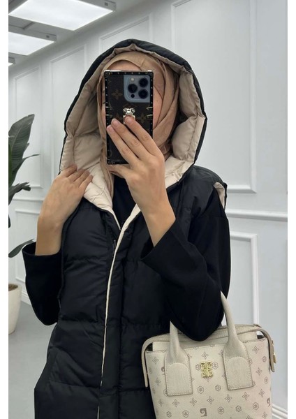 Kapüşonlu Çift Taraflı Uzun Şişme Yelek- Siyah Bej fiyatları