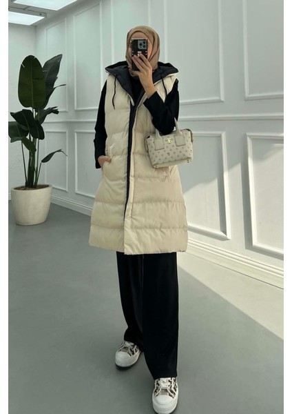 Kapüşonlu Çift Taraflı Uzun Şişme Yelek- Siyah Bej modelleri