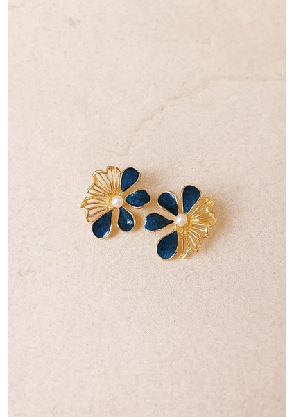 Vintage Gold Lacivert Mineli Incili Çiçek Küpe