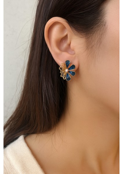 Vintage Gold Lacivert Mineli Incili Çiçek Küpe fiyatları