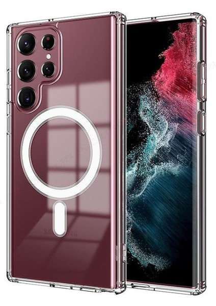 Samsung Galaxy S22 Ultra Uyumlu Magsafe Sararmaz Şeffaf Sert Mika Silikon Kılıf