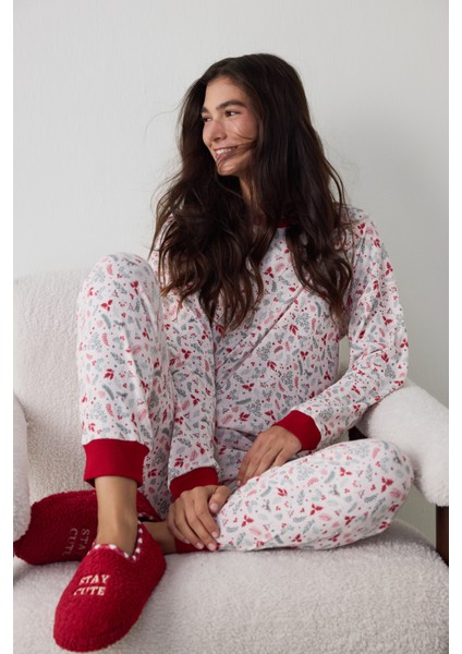 Açık Pembe Merry Season Bisiklet Yaka Uzun Kollu Termal Etkisi Pijama Takımı