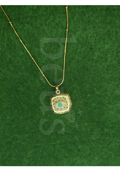 - Mavi Boncuk Göz Detaylı Kare Gold Kaplama Üzerine Çelik Kolye fiyatları