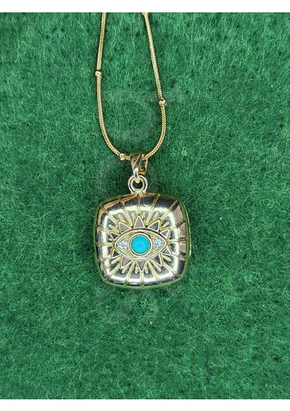 - Mavi Boncuk Göz Detaylı Kare Gold Kaplama Üzerine Çelik Kolye modelleri