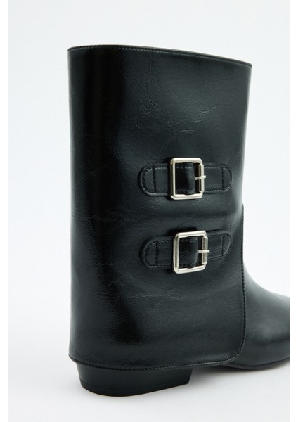 Bot 2528 - Çift Tokalı Tozluk Detaylı Siyah Kadın Bot fırsatları