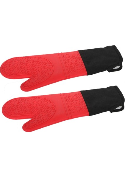 2 Adet - 1 Çift Silikon Fırın Eldiveni Yanmaz , Yapışmaz , Sağ - Sol Takım - Kırmızı - 41,5 cm (Slk-Eldk)